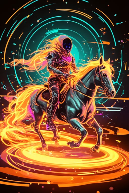 A lone Bobotflux android cowboy, clad in kunangkuning shimmering silver armor, sits astride an ethereal steed forged from swirling electric currents. Amidst a kaleidoscope backdrop of pulsating circuitry and digital hieroglyphs, the duo gallops forth, surrounded by vibrant hues of teal, magenta, and blazing neon orange.,,Fantasy detailers 