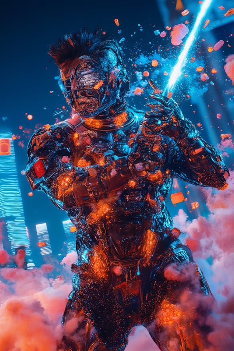 A low-angle shot captures a full body cybernetic tokusatsu as a man wearing glasses blens as a warrior in a style of cloudy, holding up a glowing sword as the neon-lit cityscape hums to life at midnight. The Gambit armor's sharp lines and angular design are highlighted by cool blue reflections on metallic surfaces. Orange and blue sparks dance across the warrior's armor, energized by the futuristic city's pulse. Blurred skyscrapers and neon signs fade into the background, emphasizing the warrior's dominant stance amidst a dark sky filled with floating neon dust particles, radiating an intense, futuristic atmosphere.