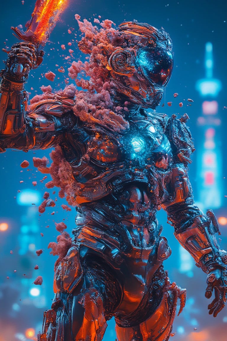 A low-angle shot captures a full body cybernetic tokusatsu as a man wearing glasses blens as a warrior in a style of cloudy, holding up a glowing sword as the neon-lit cityscape hums to life at midnight. The Gambit armor's sharp lines and angular design are highlighted by cool blue reflections on metallic surfaces. Orange and blue sparks dance across the warrior's armor, energized by the futuristic city's pulse. Blurred skyscrapers and neon signs fade into the background, emphasizing the warrior's dominant stance amidst a dark sky filled with floating neon dust particles, radiating an intense, futuristic atmosphere.