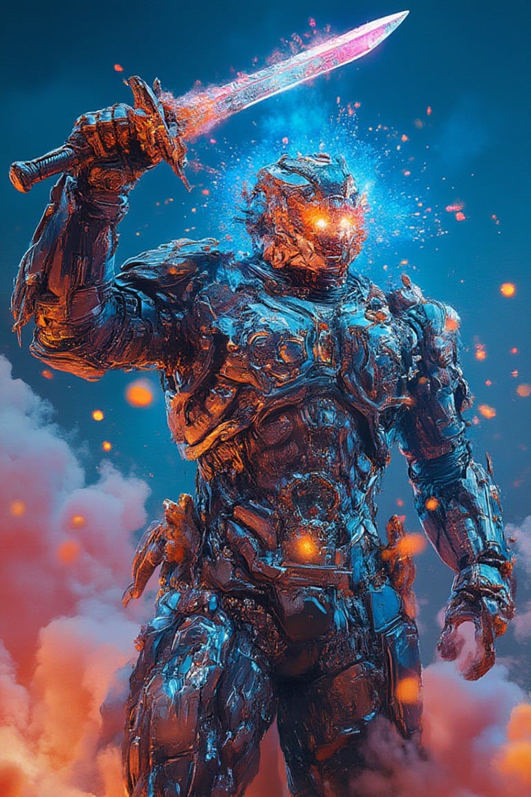 A low-angle shot captures a full body cybernetic tokusatsu as a man wearing glasses blens as a warrior in a style of cloudy, holding up a glowing sword as the neon-lit cityscape hums to life at midnight. The Gambit armor's sharp lines and angular design are highlighted by cool blue reflections on metallic surfaces. Orange and blue sparks dance across the warrior's armor, energized by the futuristic city's pulse. Blurred skyscrapers and neon signs fade into the background, emphasizing the warrior's dominant stance amidst a dark sky filled with floating neon dust particles, radiating an intense, futuristic atmosphere.