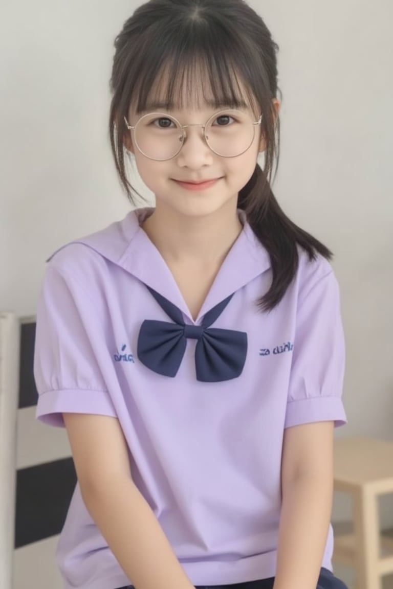 A young girl sits on a chair, smiling gently. She wears a light purple short-sleeve school uniform with a large navy blue bow on the front. Her long dark hair is styled in a ponytail with soft bangs framing her face. Round glasses add a cute and intellectual vibe. The minimalistic setting features neutral tones, keeping the focus on the girl. Soft, natural lighting creates a peaceful and warm atmosphere.