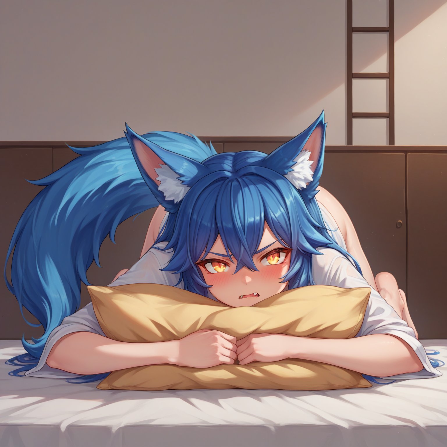 19 years old fit girl, Wolf ears, Wolf tail, Flully tail and ears, Blue Hair, Amber eyes, Shiny and Glowing eyes, Wearing only baggy shirt and nothing else, Showing her fangs, Full body, Effects and motions shown, Living room, Ripped pillow in the back, Looking away from the viewer trying not to act suspicious, Slight Blush, Cute Look and face, Pouting,score_9,score_8_up,score_7_up,source_anime