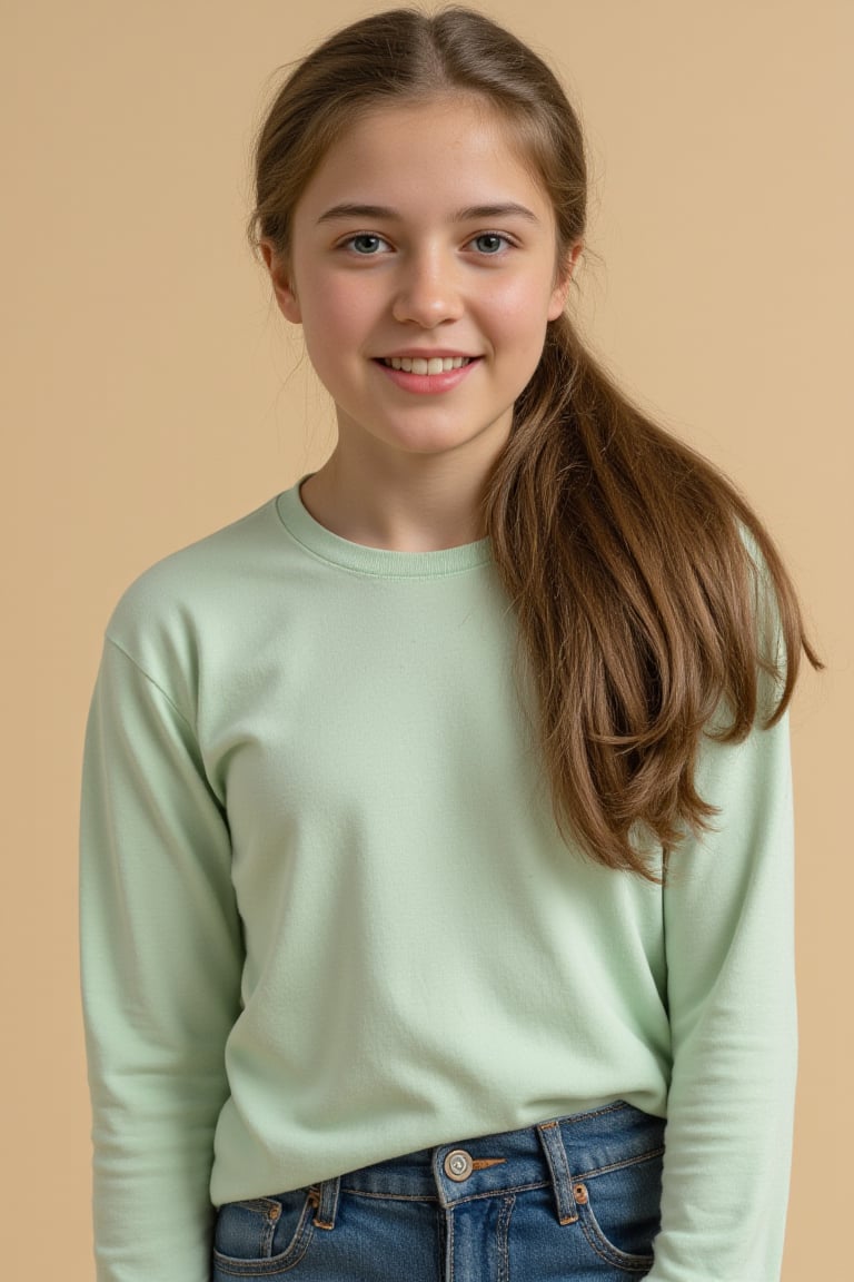 A cowboy shot of a young teenage girl in high school with long brown hair and blue eyes. Natural skin with acne moles and freckles and some blemishes. She is wearing a light green long-sleeved t-shirt and blue jeans. Her hair is pulled back and cascades over her shoulders. Her eyes are a piercing blue and her lips are a lighter shade of pink. Her teeth are white and she is smiling. The backdrop is a light beige color.,detailed skin pore style,detailed photorealism style