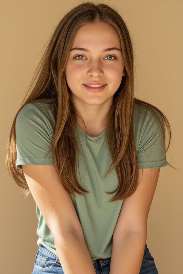 Sun-kissed high school beauty: A warm, natural lighting bathes the young teenager's face, highlighting her piercing blue eyes and delicate features. Her long brown hair cascades down her shoulders, framing her smooth, acne-scattered complexion with scattered freckles and moles. She wears a light green t-shirt and faded blue jeans, her smile radiant against her white teeth. The beige backdrop provides a soft, neutral contrast to her vibrant appearance.