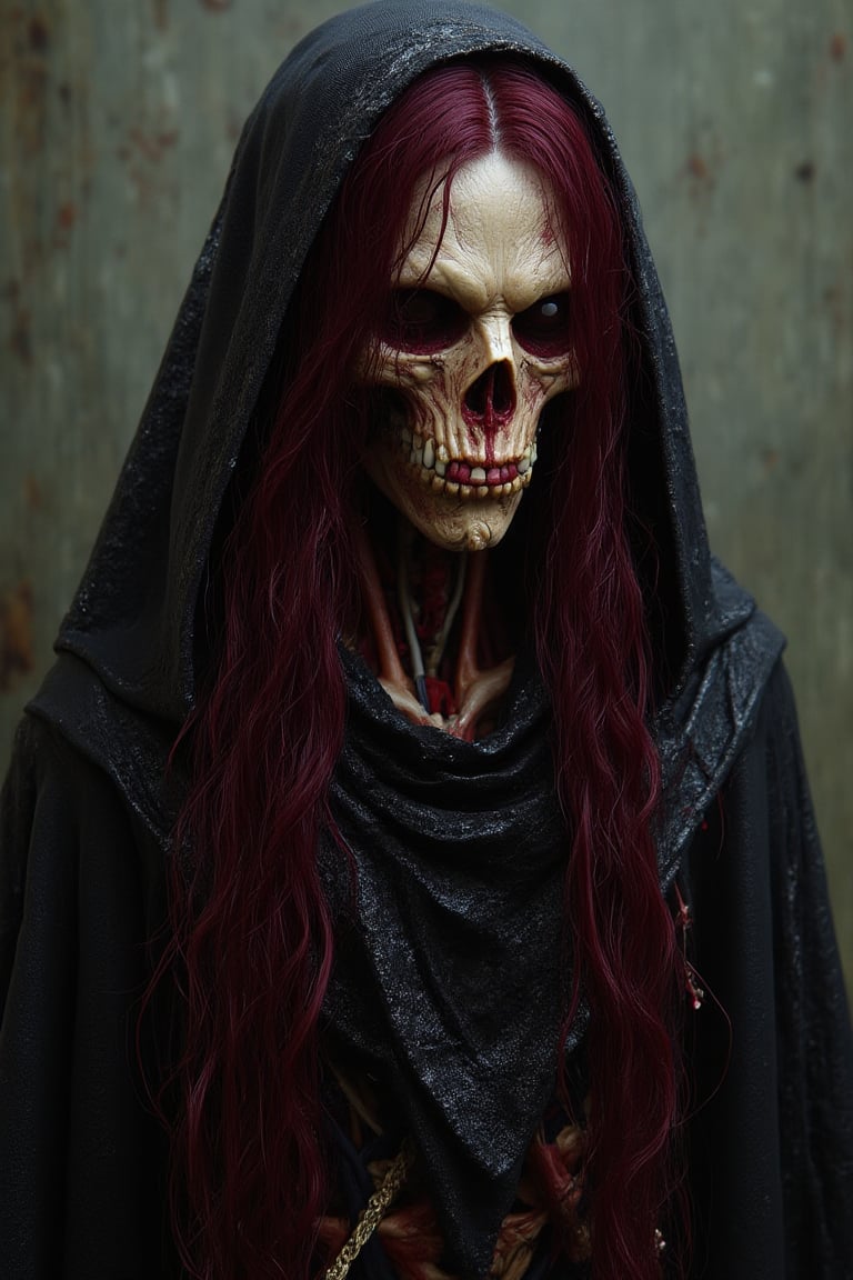 A Horror witch, long burgundy haired, wearing cloak made from ceramic.