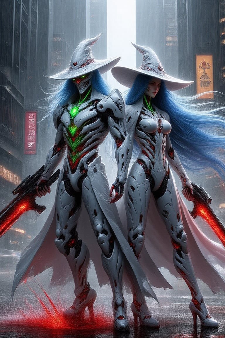 A pair couple of male and female  witch , wearing witch hat, each with long blue ombre haired , neon green glowing inner intricate, stand together in a futuristic, neon-lit cityscape. Both wear white high-tech, armored suits and long, ceramic red metallic medieval coats, blending ancient and modern elements. The couple holds futuristic weapons, their postures close and playful. The scene is framed with a medium shot, capturing the figures in the center, with neon lights and towering skyscrapers creating a contrast between old and new. The lighting is dynamic and vibrant, highlighting the intricate details of their armored suits and ceramic mirror coats, inspired by JengLord,