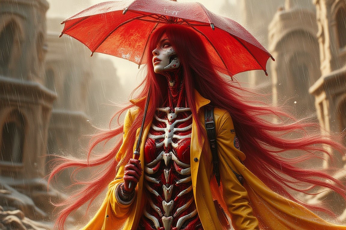 a fantasy character long hair red mate ceramic female skeleton warrior adorned, With white Redbridge makeup, red eyes,and an ominous aura,flame inside body, wine rain and splash, wearing a dark-yellow nanotechnologys Vega-punk-Luffy raincoat and wearing a high tech full body armoured with nano ceramic design, text \'Jeng-Lord\' , red nanotechnology intricate, hold a umbrella, saber backpack, standing at ruined city with abstract shimmering lighting  particles background.