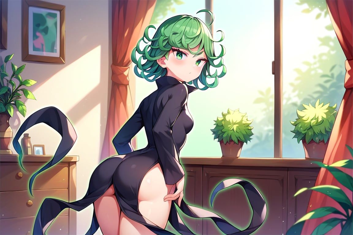 score_9,score_8_up,score_7_up,score_9,score_8_up,score_8,ultra detailed,beautiful face,highres BREAK ,Tatsumaki171,green eyes,green hair,black dress,short hair,tatsumaki,room,room background,long sleeves,cowboy shot,from behind,looking back,