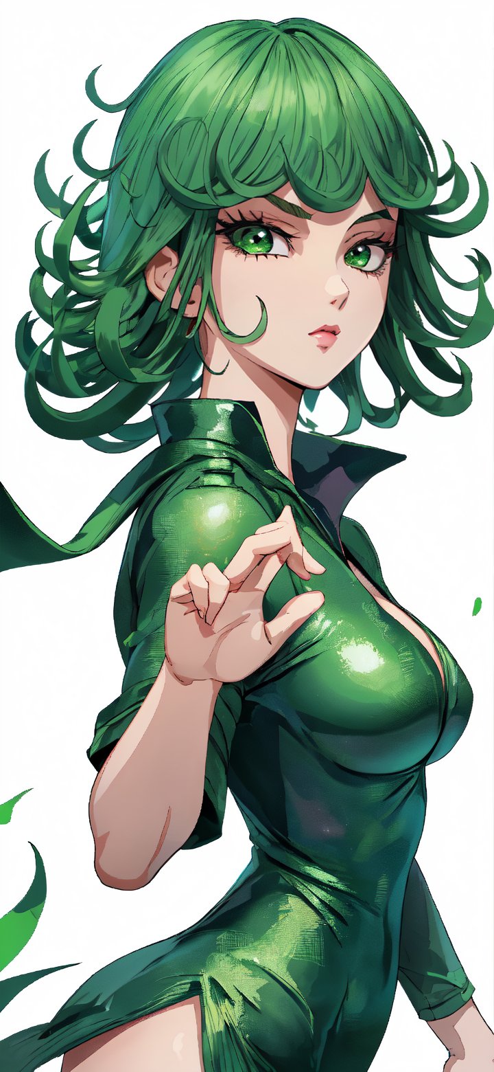 Tatsumaki , white background, perfect, hand, fingers, 1 sexy and hot woman,ideal woman, Tatsumaki, High detailed, Detailed face , Green clothes, Green eyes, Green hairs