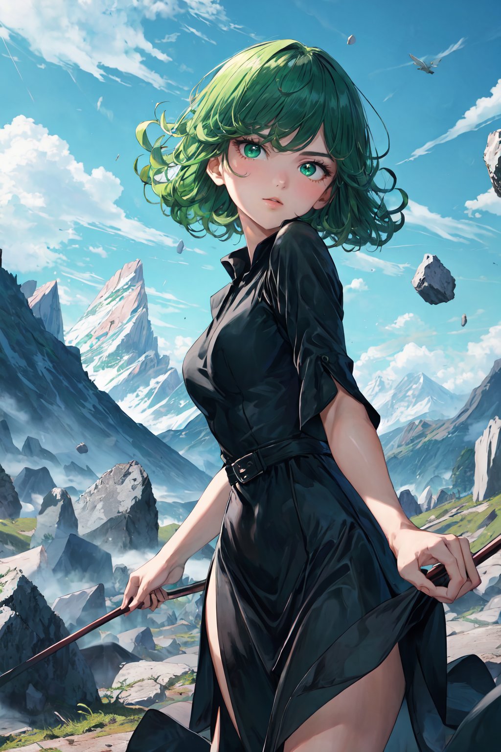 (masterpiece), best quality, high quality, expressive eyes, perfect face, looking at viewer, 1girl, solo, ((cowboy shot)), (((black dress))), long dress, green eyes, green hair, short hair, weavy hair, mountains, (flying stones), sky, tatsumaki