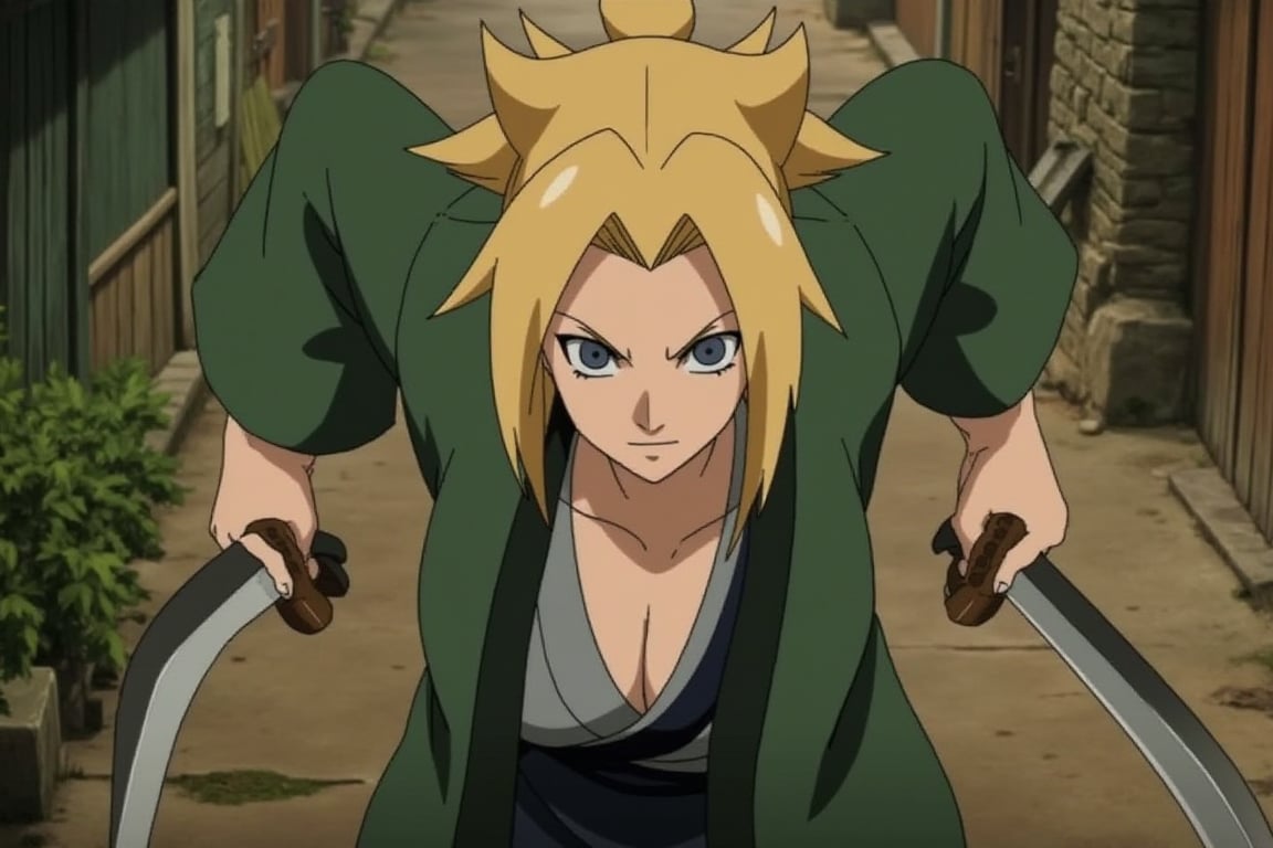 Tsunade of Naruto, An over the head camera shot of Tsunade weilding two katana with a dynamic pose in konoha village.