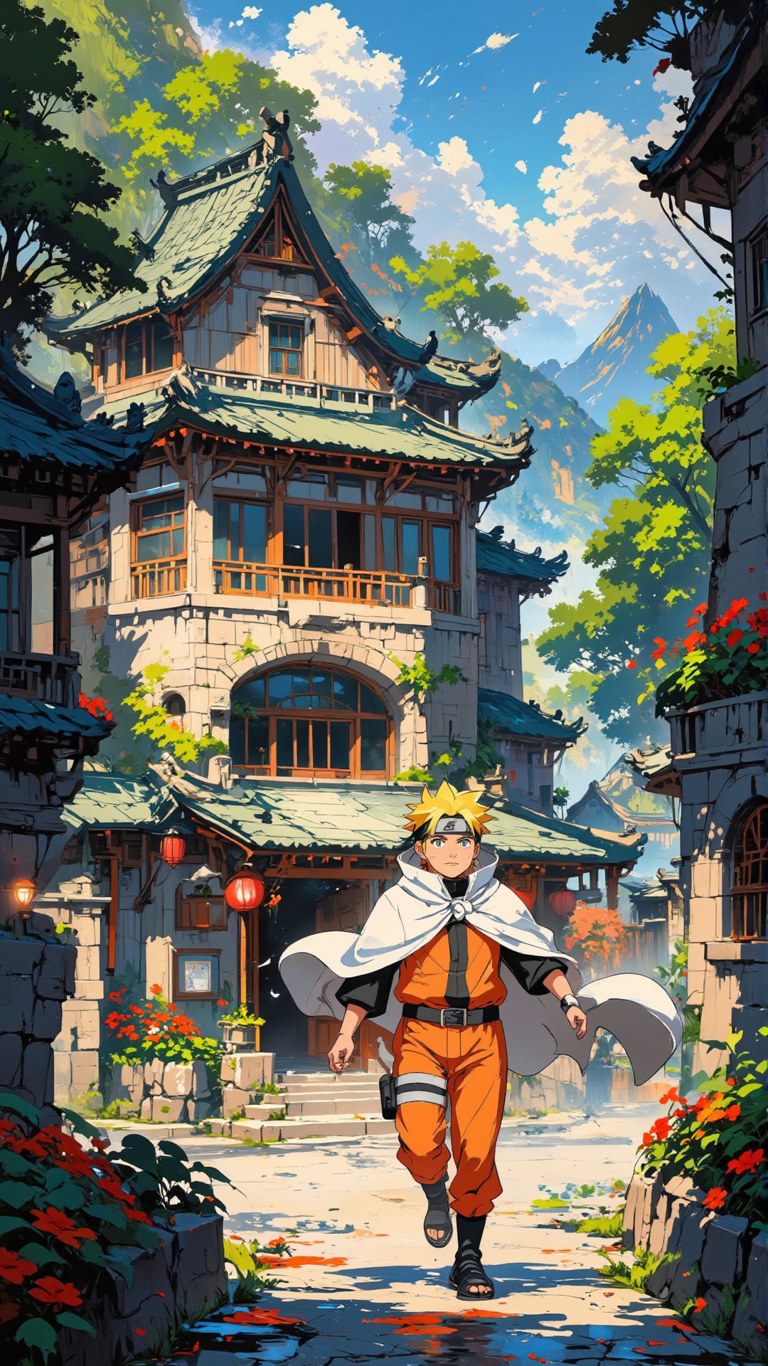 Studio Ghibli official illustration, tdxfg40, gvliiv1. Subject is closer to the camera. Screenshot of action Scene from Naruto Shippuden. In foreground, an anime character, Naruto, with blonde hair wearing white hokage cloak over naruto's iconic orange outfit from naruto shippuden, in an dynamic action pose. In background, a walkway with trees and flowers in front of Ramen house. Studio ghibli key visual in ink splatter style.