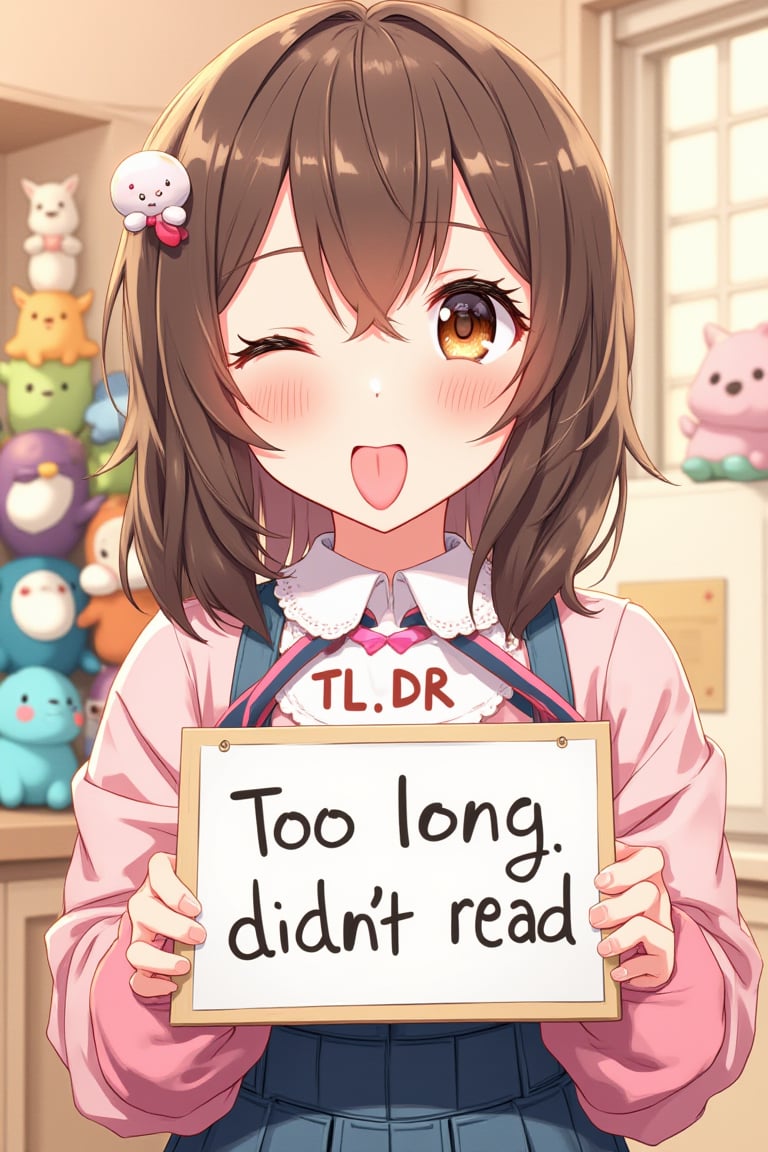 an anime girl  sticking out just the tip of her tongue and holding a sign that reads:
"TL;DR
Too long; didn't read"
This scene is expertly cel-shaded in bright primary colours. The girl is cute, but wait, she's sticking out her tongue a teeny bit- how rude!
Teenage unaware beauty.
Some fuzzy toys stacked on other things in background.
TL;DR is ; seperated
