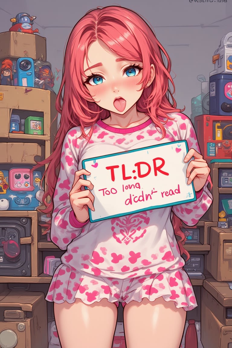 an anime girl  sticking out just the tip of her tongue and holding a sign that reads:
"TL;DR
Too long; didn't read"
This scene is expertly cel-shaded in bright primary colours. The girl is cute, but wait, she's sticking out her tongue a teeny bit- how rude!
Teenage unaware beauty.
Some fuzzy toys and gadgets stacked on other things in background.
TL;DR is ; seperated
