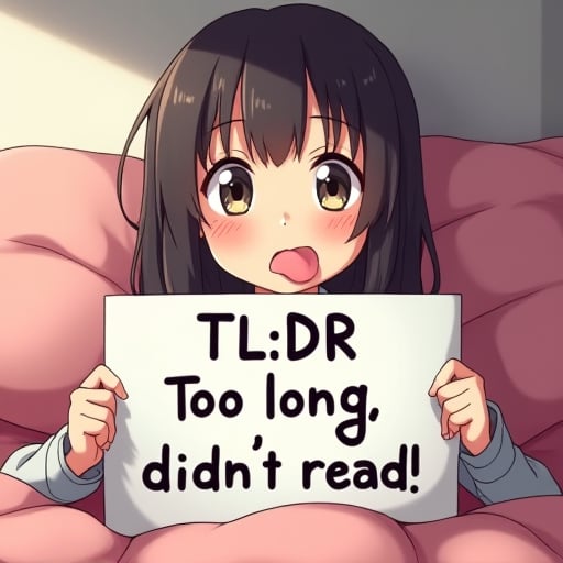 an anime girl  sticking out her tongue and holding a sign that reads:
"TL;DR
Too long; didn't read".
This scene is expertly cel-shaded in bright primary colours. The girl is cute, but wait, she's sticking out her tongue! how rude!
Teenage unaware beauty.
Scene includes lots of fuzzy pillows.

