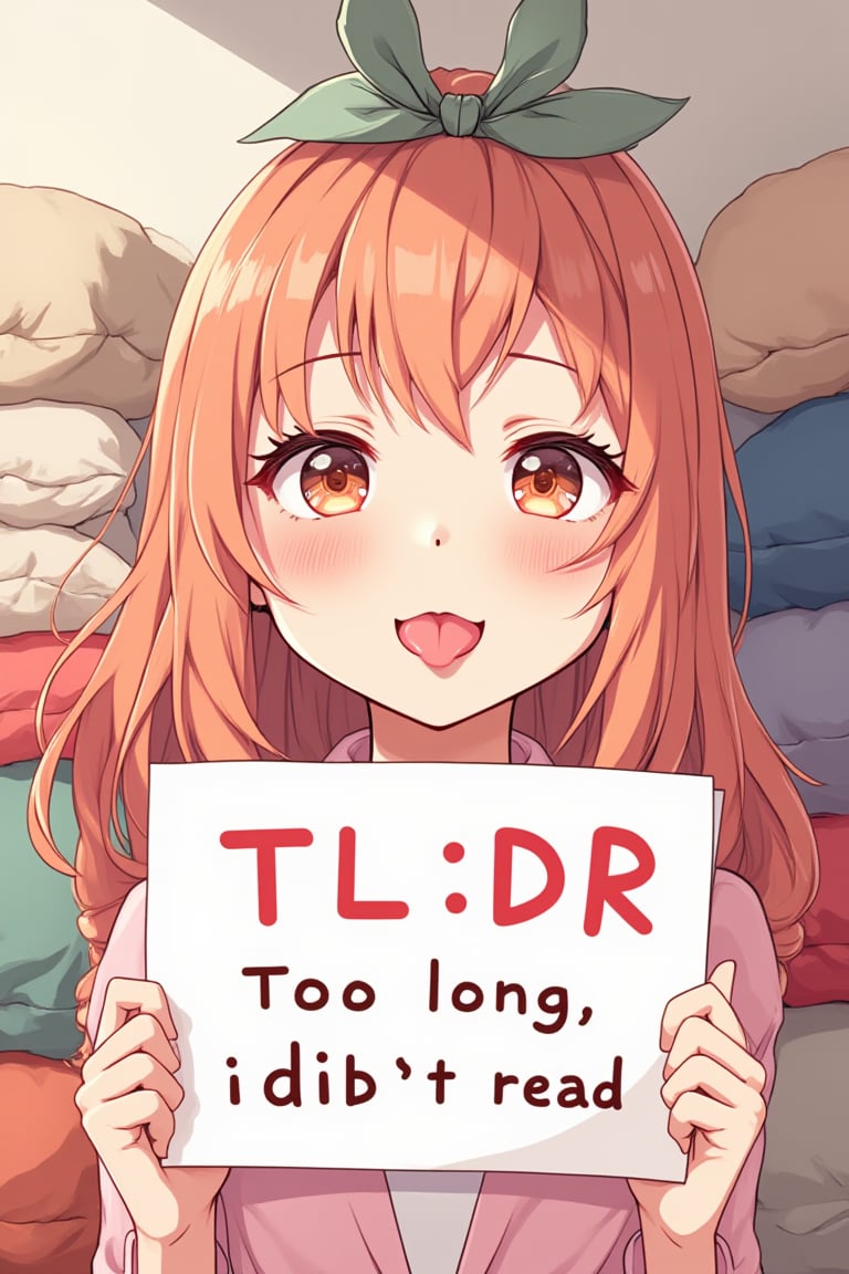 an anime girl  sticking out just the tip of her tongue and holding a sign that reads:
"TL;DR
Too long; didn't read"
This scene is expertly cel-shaded in bright primary colours. The girl is cute, but wait, she's sticking out her tongue a teeny how rude!
Teenage unaware beauty.
Some fuzzy pillows stacked on other things in background.
TL;DR is ; seperated
