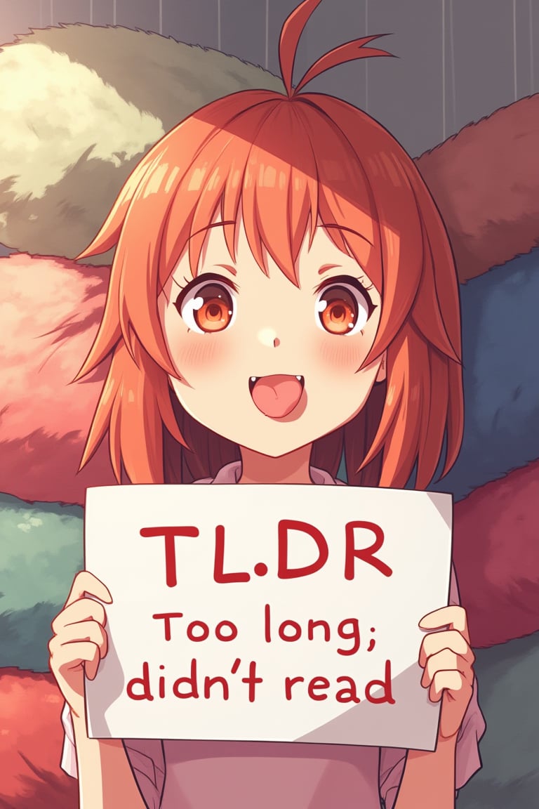 an anime girl  sticking out just the tip of her tongue and holding a sign that reads:
"TL;DR
Too long; didn't read"
This scene is expertly cel-shaded in bright primary colours. The girl is cute, but wait, she's sticking out her tongue a teeny how rude!
Teenage unaware beauty.
Some fuzzy pillows stacked on other things in background.
TLDR is ; seperated
