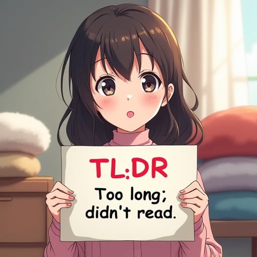 an anime girl  sticking out her tongue a tiny bit and holding a sign that reads:
"TL;DR
Too long; didn't read".
This scene is expertly cel-shaded in bright primary colours. The girl is cute, but wait, she's sticking out her tongue! how rude!
Teenage unaware beauty.
Some fuzzy pillows stacked on other things in background.

