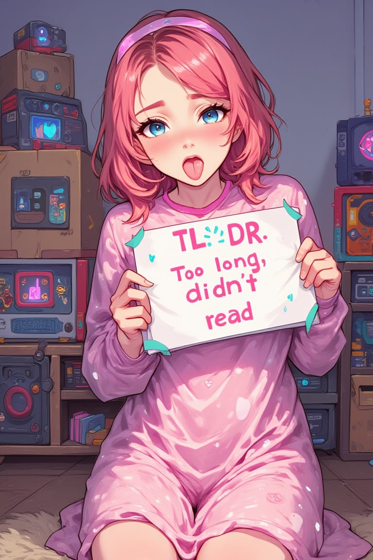 an anime girl  sticking out just the tip of her tongue and holding a sign that reads:
"TL;DR
Too long; didn't read"
This scene is expertly cel-shaded in bright primary colours. The girl is cute, but wait, she's sticking out her tongue a teeny bit- how rude!
Teenage unaware beauty.
Some fuzzy toys and gadgets stacked on other things in background.
TL;DR is ; seperated
Transparent nightgown
