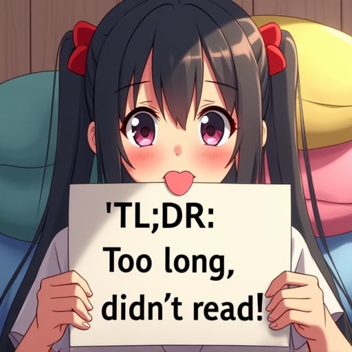 an anime girl  sticking out the tip of her tongue and holding a sign that reads:
"TL;DR
Too long; didn't read".
This scene is expertly cel-shaded in bright primary colours. The girl is cute, but wait, she's sticking out her tongue! how rude!
Teenage unaware beauty.
Some fuzzy pillows stacked on other things in background.

