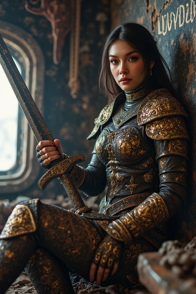 A lady warrior with dewy skin and a fabulous touch of makeup, wearing a Middle Eastern intricately decorated chainmail armour suit, is captured in a dynamic pose with unique intricate holding a massive sword with titanium and gold, sitting manly in some abandoned junk ship, a broken dark building of a pirate ship, a big broken board with the text big written "LOVEDALIN" (((correctly spelled)) in bold and 3D embossed font, low key style, analogue colours concept, A masterpiece, dark fantasy concept art, with dynamic lighting, hyperdetailed, intricately detailed, deep colour, volumetric lighting, HANSWORD23,
