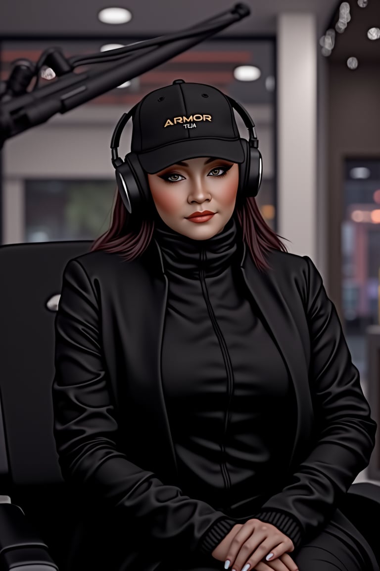 A digital portrait of Tejaa, a woman sitting calmly on a futuristic DJ karaoke set in a radio station studio. Framed by sleek black lines, she wears an ARMOR cap with 'TEJAA' embossed, shading her face. Her high-collar jacket and headset create a striking contrast against her dark attire. Makeup accentuates her serene expression. The minimalist background features subtle urban elements, focusing attention on Tejaa's tranquil pose.