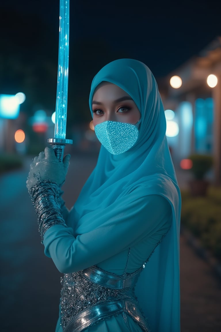 photoultrarealistic, close-up view, looking at viewer, a cybernatic cyborg girl wear intricate shiny white and lite blue cybernatic high tech mouth mask, wearing a cybernatic baju kebaya with armored design, holding a transparent see through glass sword, dynamic pose, standing in the dark night, village road at background, intricate details, ultra-detailled, 32k, Super High definition, Vibrant Colors, Soft focus, Ultra Smooth, realism, cinematic shot, dreamwave, aesthetic,
