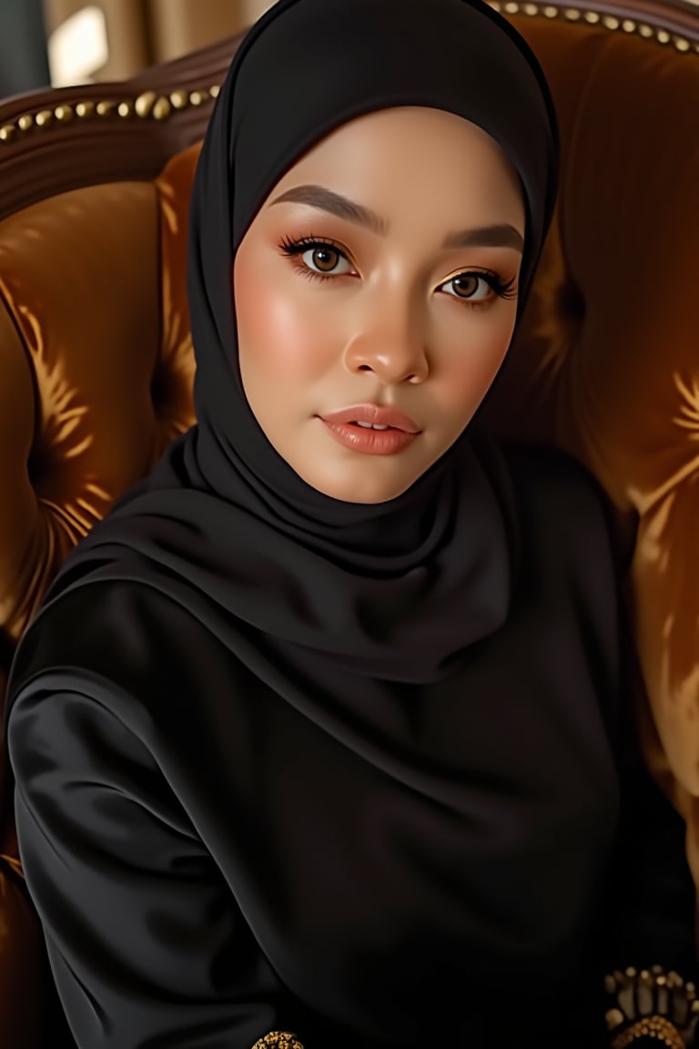 A close-up shot captures Dalila's ethereal beauty as she sits on a plush velvet sofa, the soft warm lighting illuminating her porcelain-doll-like features. Her golden glow is accentuated by flawless makeup and delicate folds in her hijab, which complement her sleek black and gold ensemble. Her serene contemplative gaze fills the frame, inviting the viewer to step into her tranquil world.