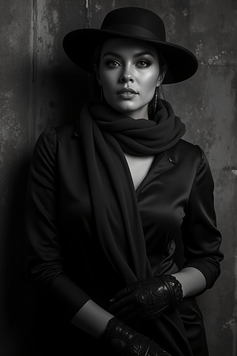 A sultry evening atmosphere prevails as a ravishing woman stands confidently against a worn, vintage-inspired backdrop shrouded in captivating shadows, with the stylish hat and flowing scarf adding sophistication to the moody scene. Her expressive features convey mystery beneath the soft focus and high contrast lighting, evoking rich texture and a nostalgic black and white theme.