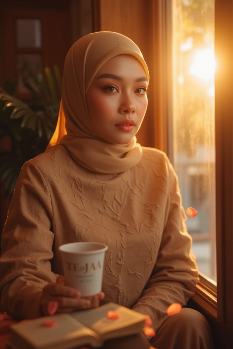 In a cozy wooden cafe, a Malay woman with an striking face and impeccable make-up sits calmly, surrounded by the warmth of golden hour. She wears a chiffon hijab with intricate folds and natural color contact lenses. Her serene expression is illuminated by the dramatic backlighting, creating a sense of depth. The TEJAA written in bold cursive on her coffee cup adds a touch of elegance. As she reads by the window, scattered flower petals create a whimsical atmosphere. With hyperrealistic detail and 8K resolution, every fold of her hijab and every petal is rendered with precision. The shallow depth of field and lens flare add to the sense of intimacy, drawing the viewer's eye to the woman's captivating beauty.