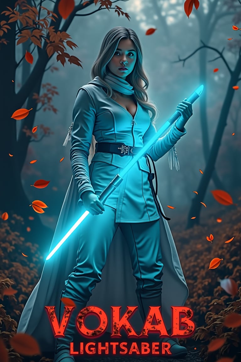 A hauntingly beautiful warrior stands poised at center frame, clad in a gleaming white suit amidst a swirling vortex of autumn leaves on a windy day. Neon cyan lightsaber aglow, casting an ominous glow that pierces the shadows dominating 70% of the composition. Professional lighting highlights her chiseled figure, drawing attention to the sinister intensity of the blade. The title VOKAB LIGHTSABER bursts forth in bold, grunge-ink red font, setting the tone for a high-stakes adventure amidst dark hues and foreboding shadows.