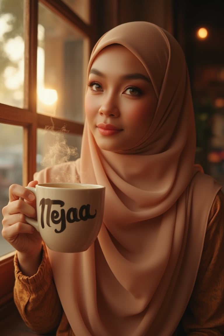 Malay woman, radiant with a stunning face and exquisite make-up, sits cozily in a rustic wooden cafe, sipping smoky hot coffee adorned with bold cursive 'TEJAA' as she reads by the window. Her chiffon hijab unfurls like a gentle waterfall, folds intricately framing her serene expression. Natural contact lenses sparkle, glossy lips glisten. Golden hour backlighting casts dramatic chiaroscuro, warm amber glow illuminates muted earth tones. Hyperrealistic detail fills the 8K resolution frame, with shallow depth of field and lens flare.