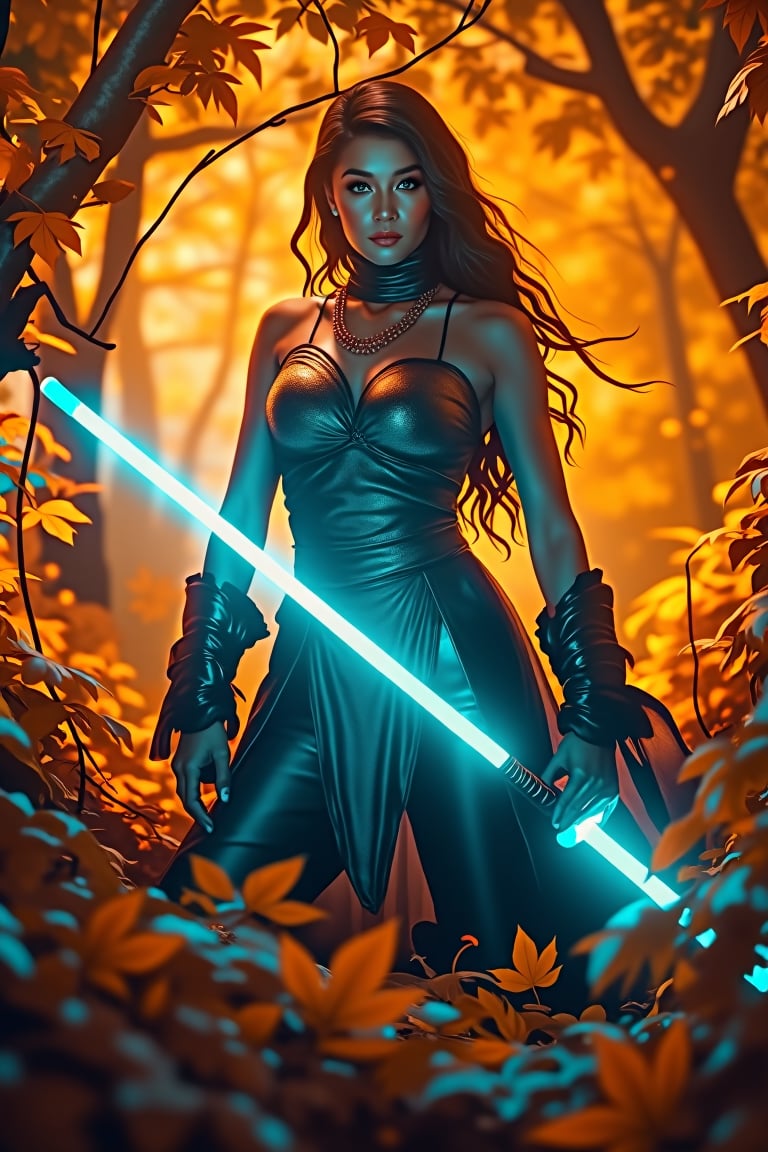 A regal warrior stands at center frame, poised like a predator amidst swirling autumn leaves in a vortex-like motion. Neon cyan lightsaber hums with malevolent intensity, casting an eerie glow that seeps into dominant shadows consuming 70% of the composition. Her chiseled physique is accentuated by professional lighting, drawing attention to the blade's ominous menace as she stands firm against a fiery orange and golden backdrop, her determined gaze piercing through the turbulent foliage.