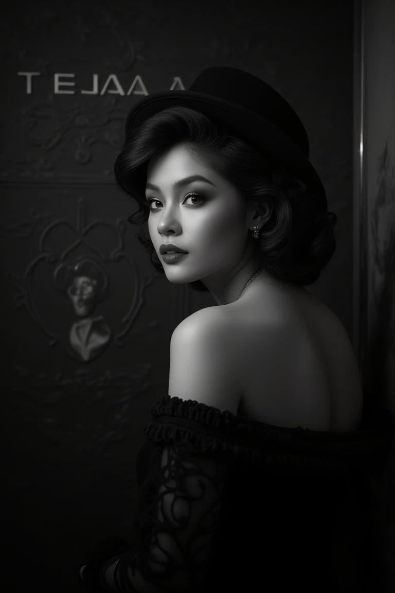 A sultry Noir Photography setup unfolds: a ravishing lady poses with poise, her coiffed hair and fedora adding sophistication to the dramatic tableau. Against a vintage-inspired backdrop, she stands out against captivating shadows, her enigmatic facial features conveying a story. Soft focus and high contrast create sumptuous texture, while embossed font TEJAA adds striking statement in black and white theme.