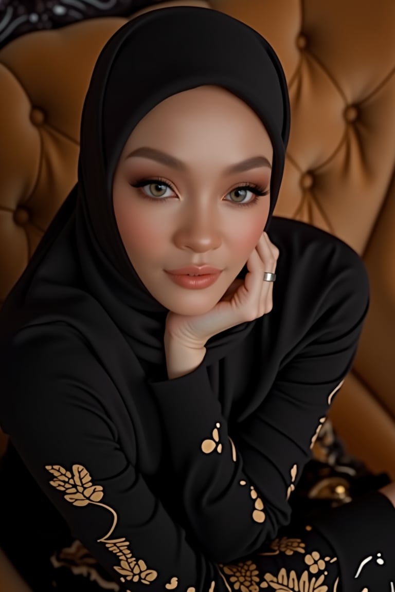 A close-up shot captures Dalila's ethereal beauty as she sits on a plush velvet sofa, the soft warm lighting illuminating her porcelain-doll-like features. Her golden glow is accentuated by flawless makeup and delicate folds in her hijab, which complement her sleek black and gold ensemble. Her serene contemplative gaze fills the frame, inviting the viewer to step into her tranquil world.