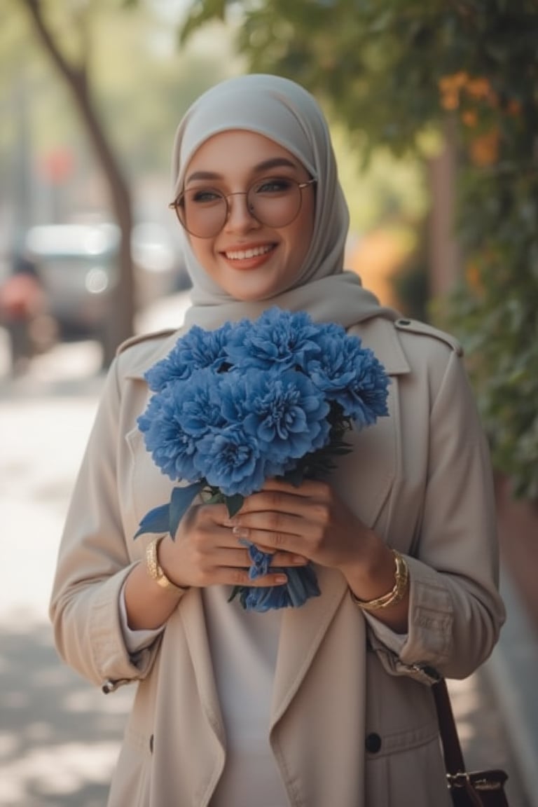 Candid moment on a sun-kissed sidewalk: a radiant woman in a hijab, trench coat and crisp white shirt holds and kisses a vibrant bouquet of dark blue flowers, her brown sunglasses tucked on her head. Natural light dances across her features as she's lost in thought, the blurred background and bokeh effect creating a sense of intimacy. Soft lighting accentuates her bright smile, while super detailed textures bring the scene to life.