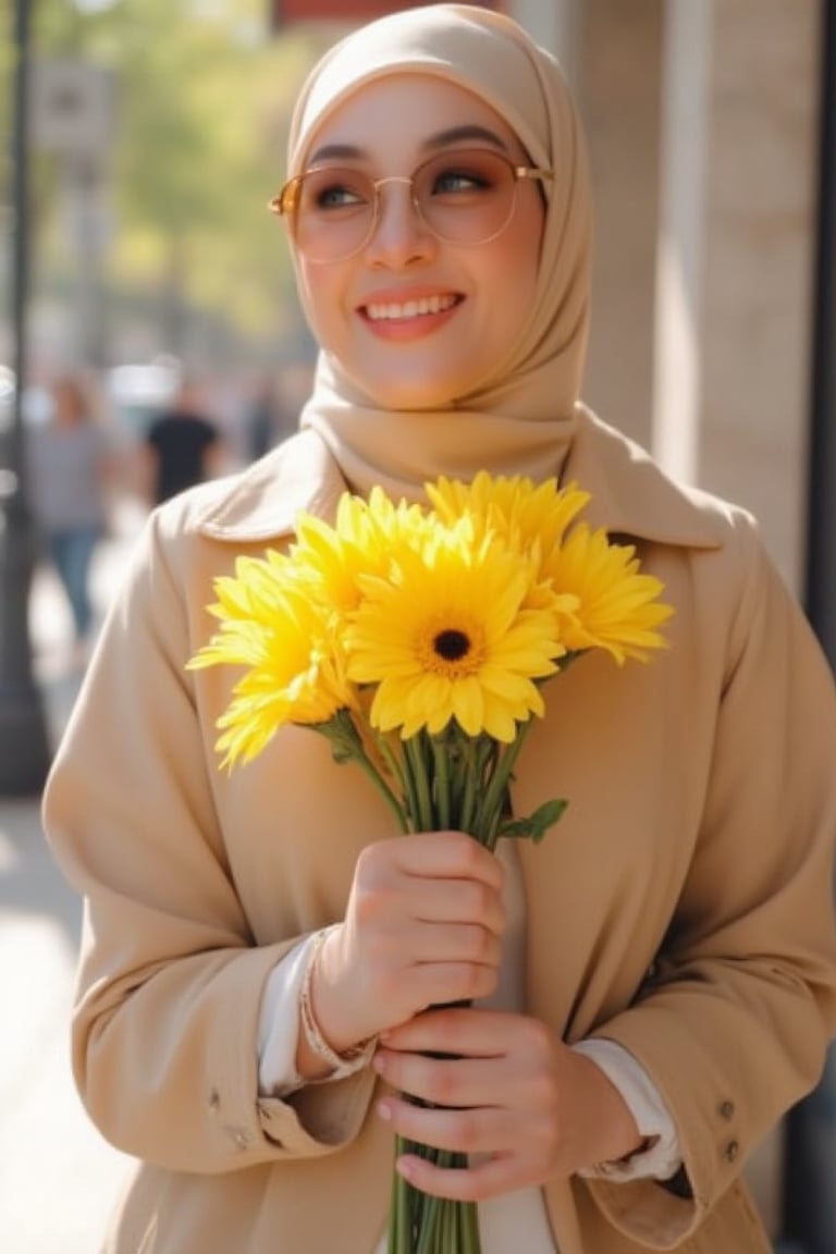 Candid moment on a sun-kissed sidewalk: a radiant woman in a trench coat and crisp white shirt holds and kisses a vibrant bouquet of yellow flowers, her brown sunglasses tucked on her hijab head. Natural light dances across her features as she's lost in thought, the blurred background and bokeh effect creating a sense of intimacy. Soft lighting accentuates her bright smile, while super detailed textures bring the scene to life.  