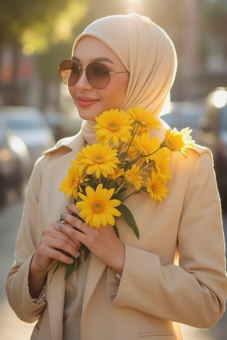 Candid moment on a sun-kissed sidewalk: a radiant woman in a trench coat and crisp white shirt holds and kisses a vibrant bouquet of yellow flowers, her brown sunglasses tucked on her hijab head. Natural light dances across her features as she's lost in thought, the blurred background and bokeh effect creating a sense of intimacy. Soft lighting accentuates her bright smile, while super detailed textures bring the scene to life.  