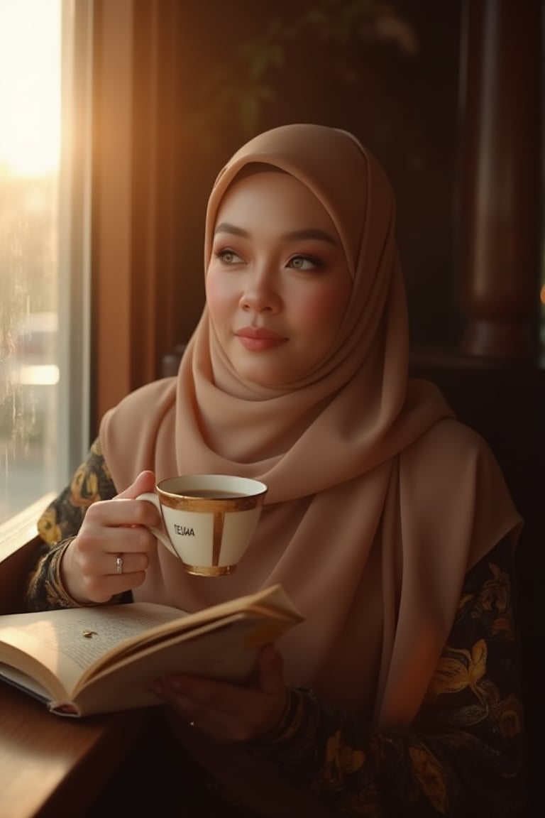 A Malay woman with an amazing face and an awesome touch of make-up is sitting drinking hot coffee that is still smoky and says "TEJAA" in the cup while reading in a corner by the window of a quiet and peaceful wooden cafe, natural color contacts lens, silk hijab. Cinematic framing, dramatic chiaroscuro. Golden hour backlighting, soft focus. Intricate hijab folds, serene expression, glossy lips. Billowing fabric, scattered flower petals. Muted earth tones, warm amber glow. Hyperrealistic detail, 8K resolution. Captured on digital medium format, shallow depth of field, lens flare. Evocative of timeless elegance and cultural richness