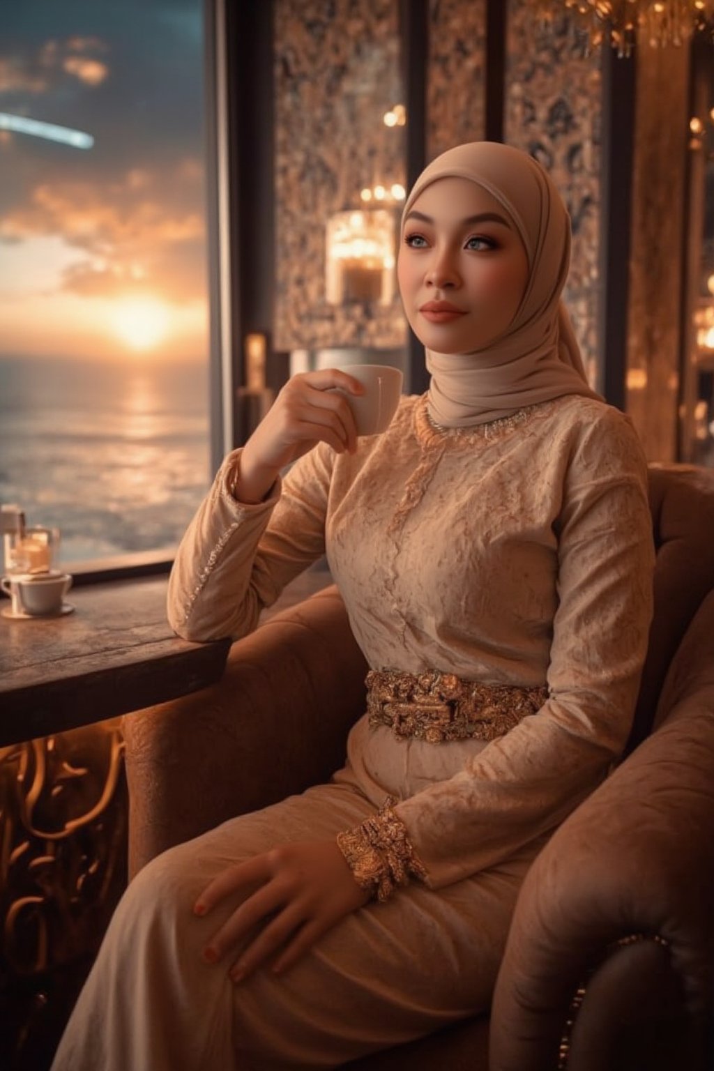 A stunning Malay woman, exuding elegance, seated in a luxurious coffee cafe, surrounded by opulent decor and soft lighting. She's dressed in exquisite knitwear attire, with a serene expression, sipping her coffee as she gazes out at the breathtaking sunset view of the sea outside. The scene captures a perfect blend of cultural charm and contemporary style, inviting viewers to appreciate the beauty and poise of the modern Malay woman in a relaxed urban setting.