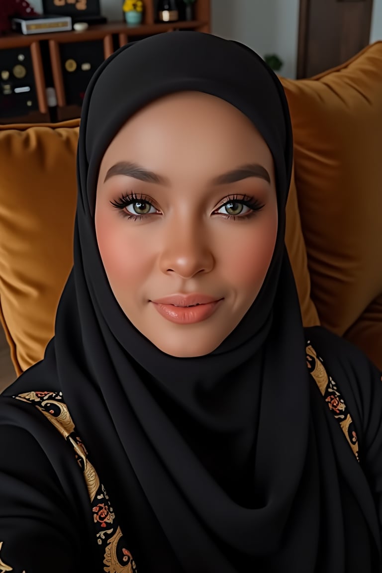 Dalila's porcelain-doll-like features mesmerize as the camera inches in, capturing every nuance of her golden glow. The soft, warm lighting accentuates her flawless makeup and delicate hijab folds, which complement her sleek black and gold ensemble. Velvet sofa cushions provide a plush backdrop for her serene, contemplative gaze.