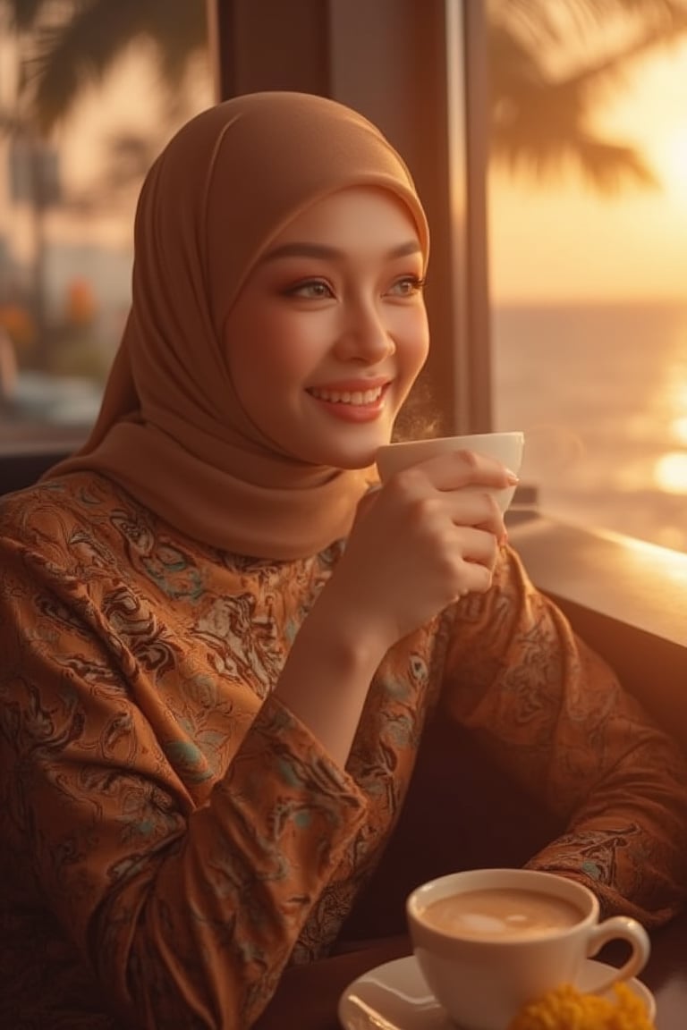 A Malay beauty, exuding refinement, settles into a plush coffee cafe, enveloped by soft golden light that accentuates her intricately knit outfit. As she savors her coffee, a serene smile spreads across her face, drawn to the stunning sunset unfolding outside - warm hues dancing across the waves like a kinetic tapestry. The opulent setting, marrying traditional charm with modern flair, captures the essence of contemporary Malay femininity in an urban oasis.