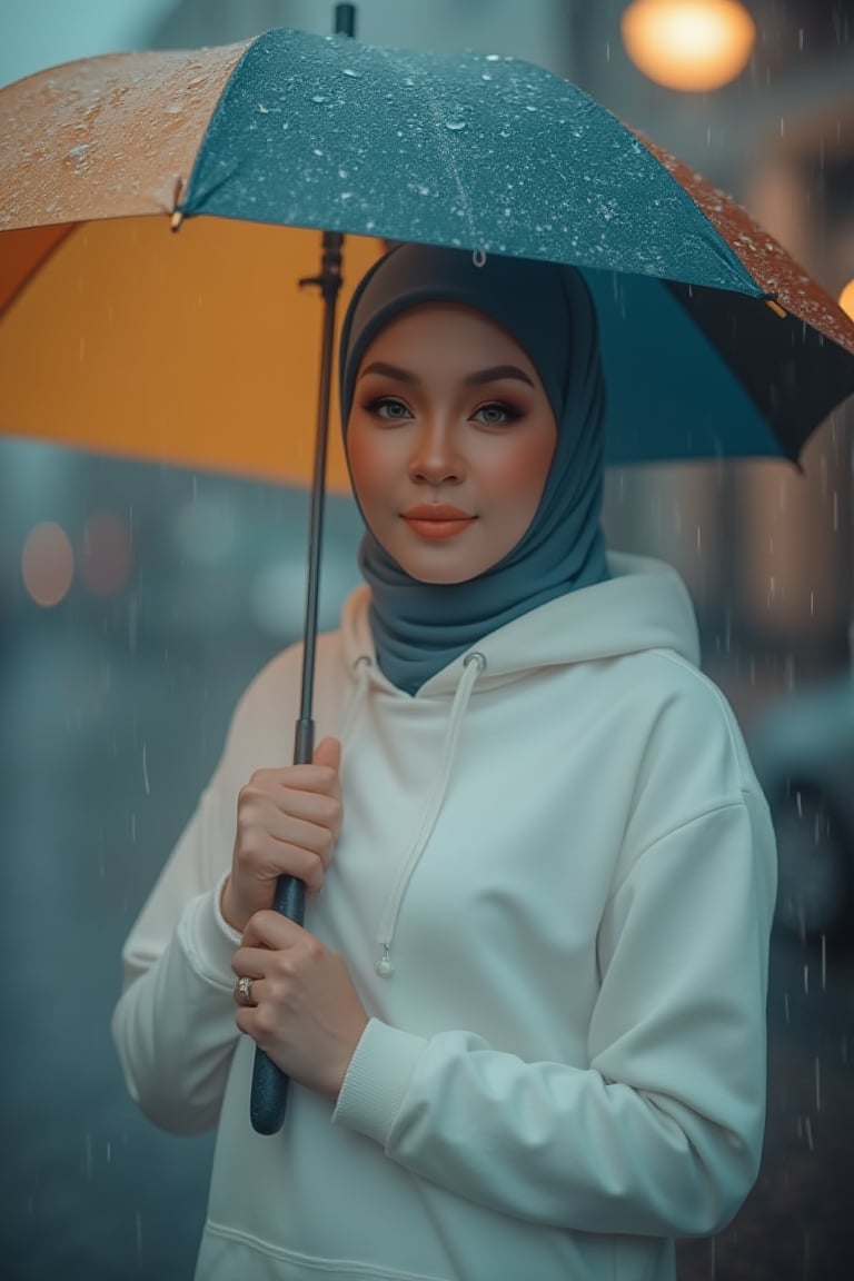 In a cinematic setting bathed in moody lighting, a stunning lady wearing a hijab and white hoodie sweatshirt stands confidently amidst torrential rain, her flawless complexion radiating warmth against the grey backdrop. Framed by the rain-soaked environment, she grasps a vibrant umbrella, its colors popping against the drizzle. Her defined eyebrows and subtle eyeshadow accentuate her detailed eyes, while invitingly plump lips seem to beckon the viewer. The photorealistic rendering is so lifelike that raindrops glistening on her hijab appear ready to be touched.