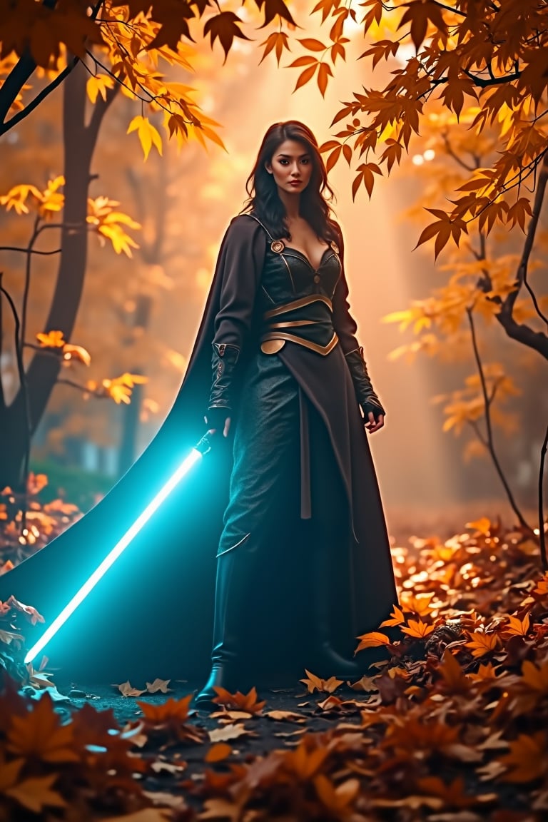 A regal warrior stands at center frame, poised like a predator amidst a whirlwind of autumn leaves swirling around her in a vortex-like motion. Neon cyan lightsaber hums with malevolent intensity, casting an eerie glow that seeps into dominant shadows consuming 70% of the composition. Professional lighting accentuates chiseled physique, drawing attention to blade's ominous menace as she stands firm against backdrop of fiery orange and golden hues, her determined gaze piercing through the turbulent foliage.