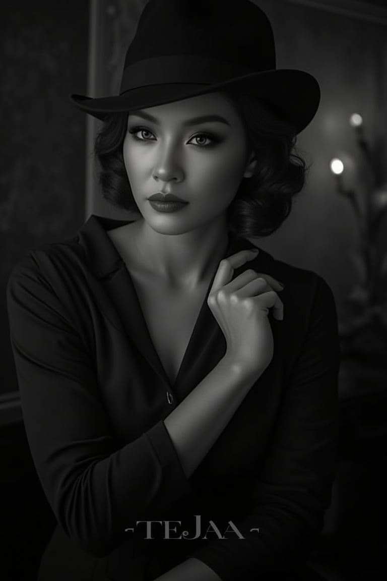 A sultry Noir Photography setup unfolds: a ravishing lady poses with poise, her coiffed hair and fedora adding sophistication to the dramatic tableau. Against a vintage-inspired backdrop, she stands out against captivating shadows, her enigmatic facial features conveying a story. Soft focus and high contrast create sumptuous texture, while embossed font TEJAA adds striking statement in black and white theme.