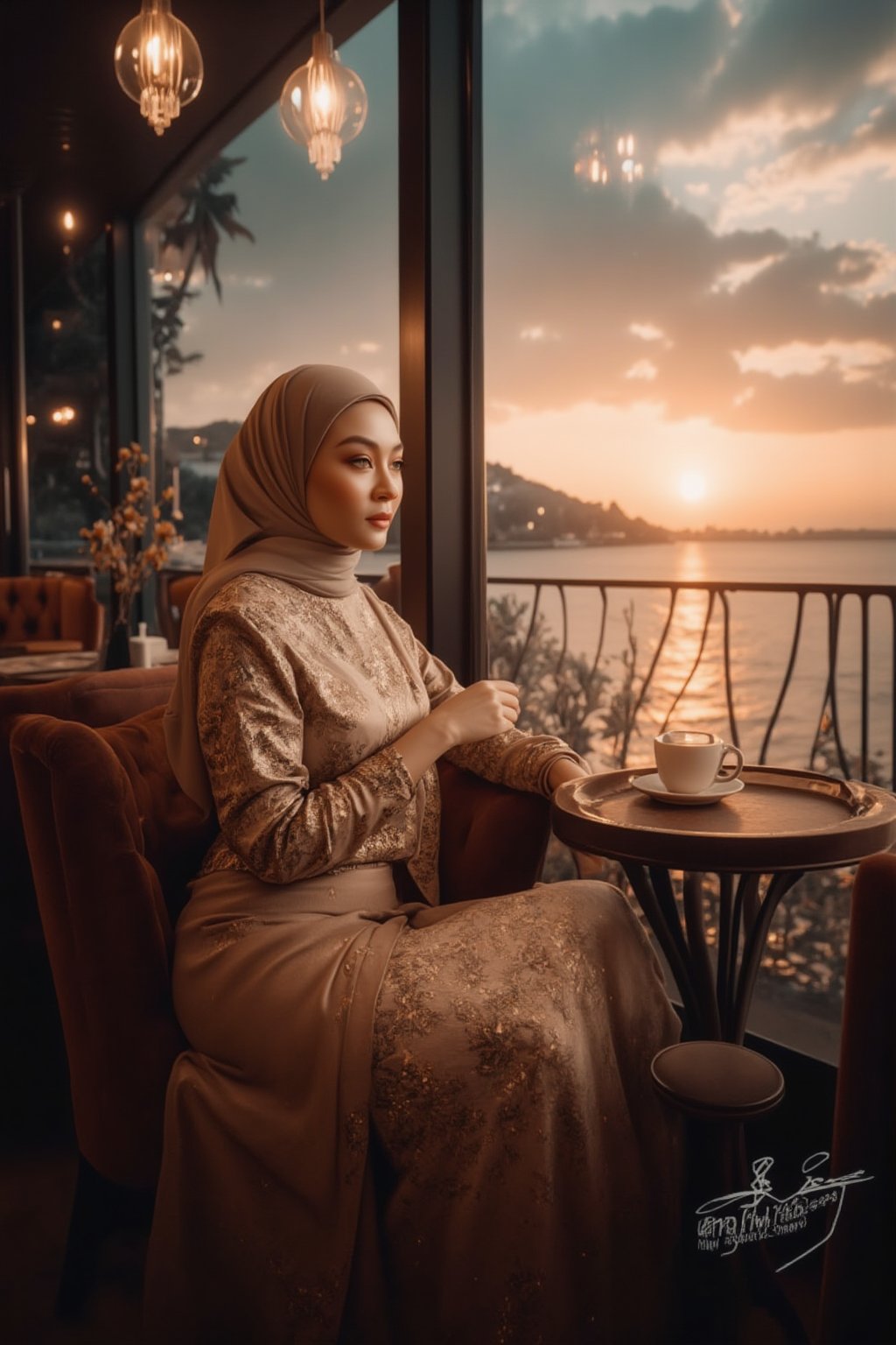 a stunning Malay woman seated in a Sophisticated and luxurious coffee cafe,exuding elegance,dressed in exquisite knitwear attire,With a serene expression,enjoys a cup of coffee, gazing thoughtfully through the window at the beauty of sunset by the sea view outside,scene captures a blend of cultural charm,contemporary style, inviting viewers to appreciate the beauty, poise of the modern Malay woman in a relaxed urban setting, 