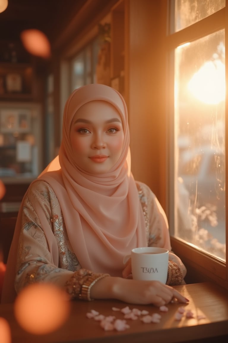 Here's a high-quality, coherent, stable diffusion prompt based on your input: A stunning Malay woman sits poised in a charming wooden cafe during golden hour. Soft, warm light dances across her striking features and immaculate makeup, with dramatic backlighting adding depth. Her delicate chiffon hijab flows elegantly, complemented by natural-colored contact lenses. As she reads by the window, scattered flower petals create a whimsical ambiance. The TEJAA script on her coffee cup adds sophistication. In stunning 8K resolution, every intricate fold of her hijab and petal is meticulously rendered. Shallow depth of field and lens flare guide the viewer's gaze to her captivating beauty, beautifully framed by the rustic charm of the wooden cafe.