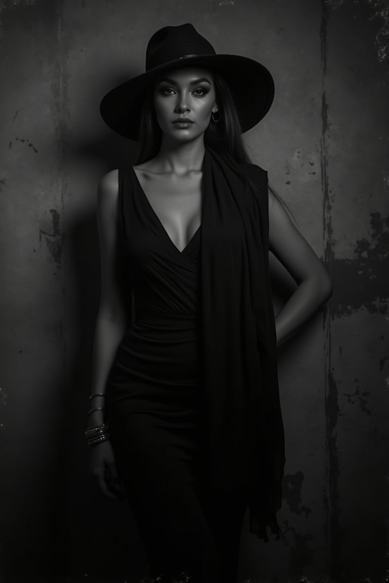 A sultry evening unfolds as a ravishing woman stands defiantly against a weathered, vintage-inspired backdrop shrouded in captivating shadows. She poses with elegance, hat tilted, scarf flowing, mystery etched on her expressive features. Soft focus and high contrast evoke rich texture, black and white theme adding an air of nostalgia to the moody scene.