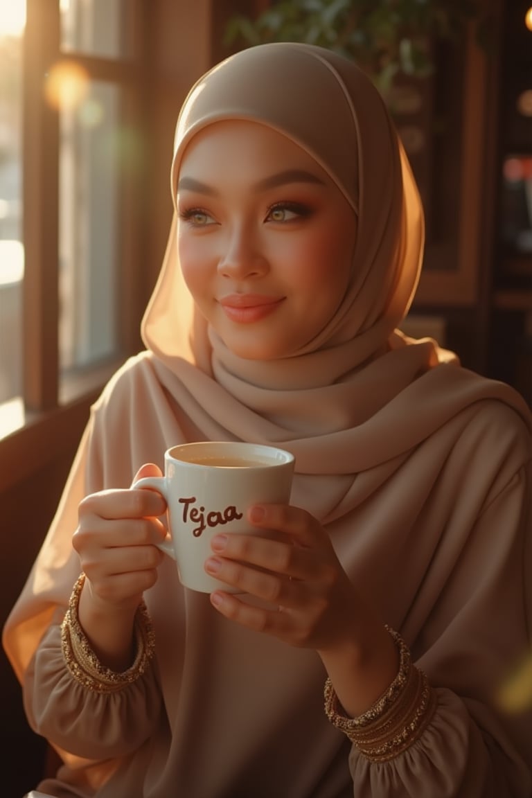 Malay woman, radiant with a stunning face and exquisite make-up, sits cozily in a rustic wooden cafe, sipping smoky hot coffee adorned with bold cursive 'TEJAA' as she reads by the window. Her chiffon hijab unfurls like a gentle waterfall, folds intricately framing her serene expression. Natural contact lenses sparkle, glossy lips glisten. Golden hour backlighting casts dramatic chiaroscuro, warm amber glow illuminates muted earth tones. Hyperrealistic detail fills the 8K resolution frame, with shallow depth of field and lens flare.