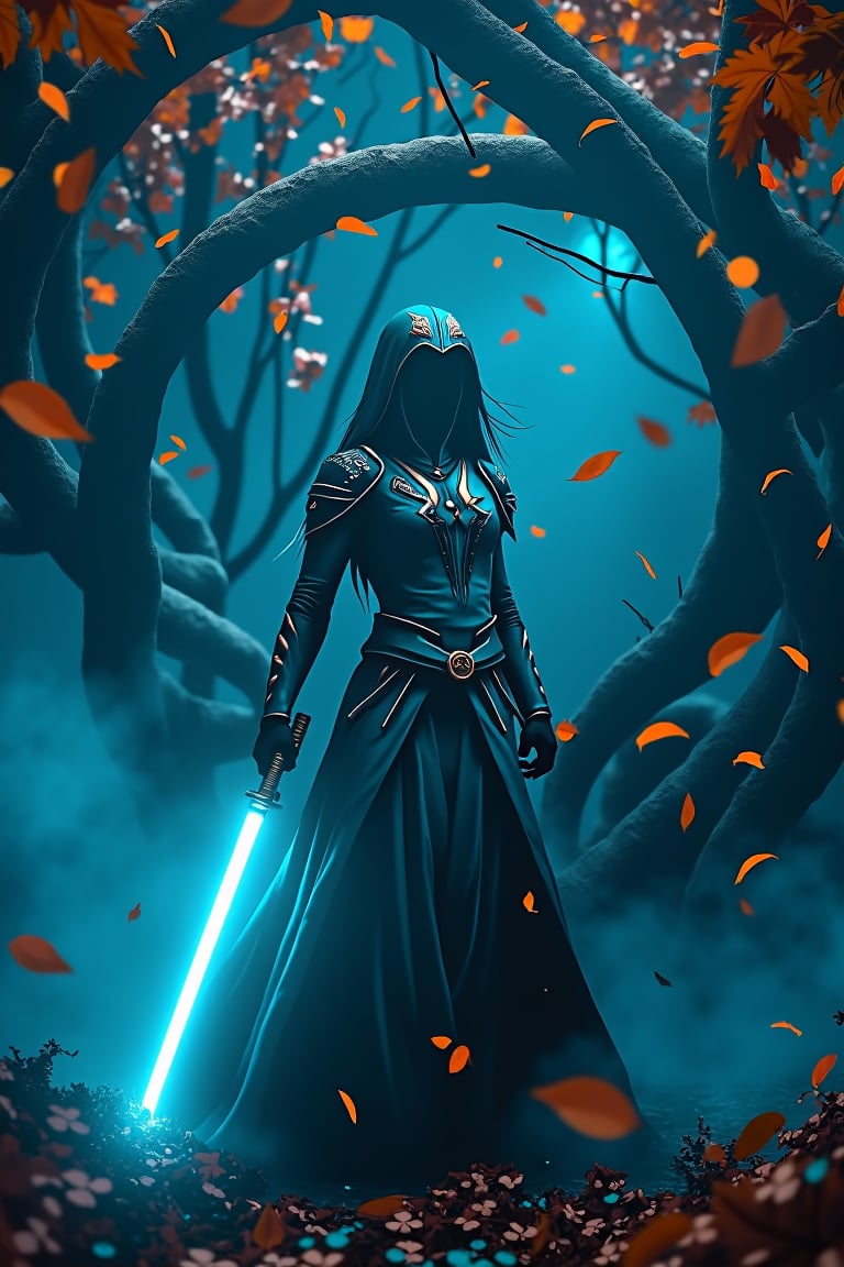 A majestic warrior stands at center frame, poised like a predator, amidst a whirlwind of autumn leaves swirling around her like a vortex. The neon cyan lightsaber hums with malevolent intensity, casting an eerie glow that seeps into the dominant shadows consuming 70% of the composition. Professional lighting accentuates her chiseled physique, drawing attention to the blade's ominous menace.